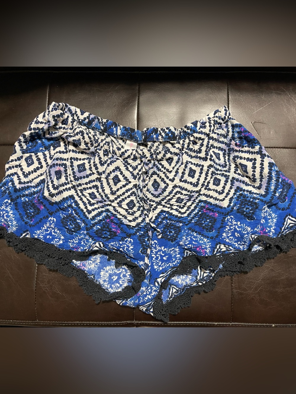 Blue & White Boho Print Lace-Trim Shorts